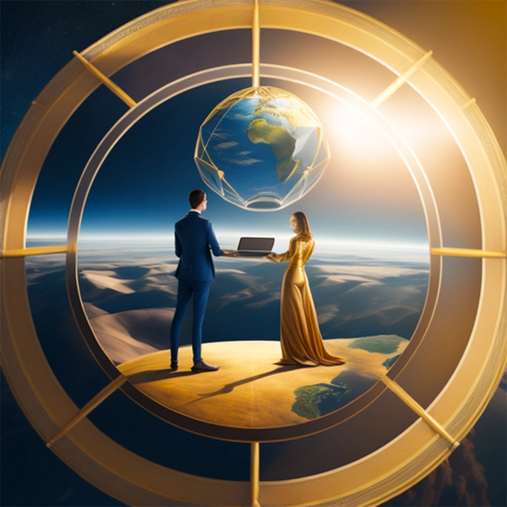 Elegant male in blue suit and elegant female in a golden dress, standing on top of the world in space, both holding a laptop Macbook in hand and designing the world. By Yesprecious.com