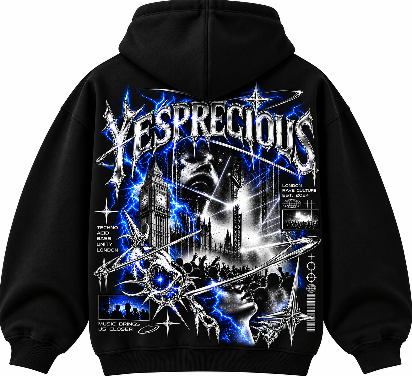Yesprecious London Techno Rave Hoodie Black